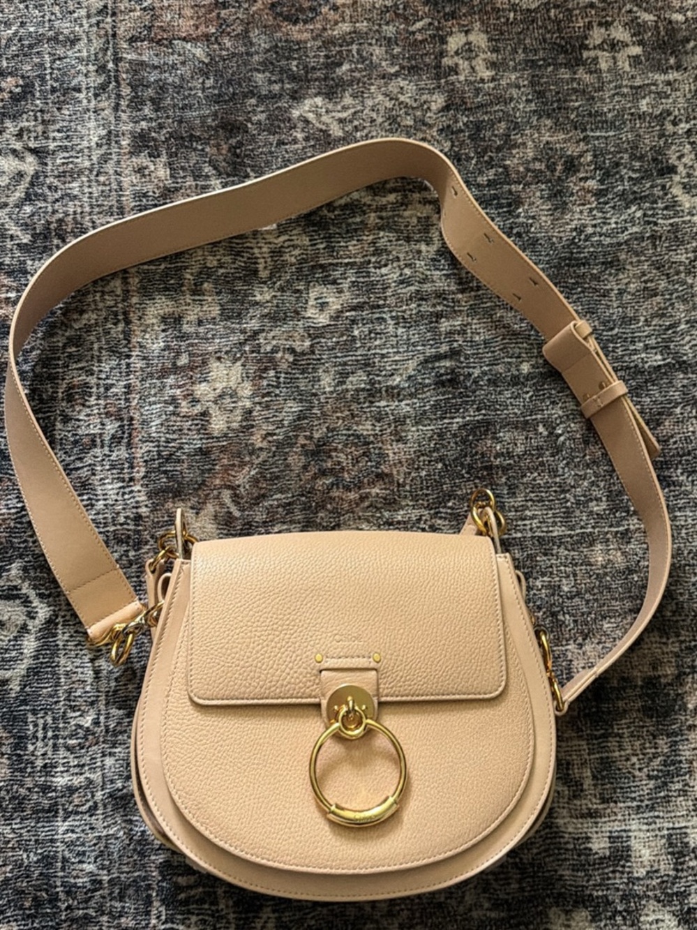 Chloe Beige Pebbled Leather Crossbody with Gold Ring